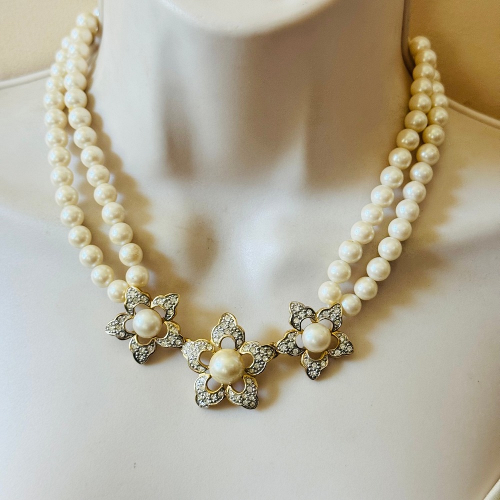VTG Marvella Floral Necklace Double Strand Multi Pearl Crystal Rhinestone Pave